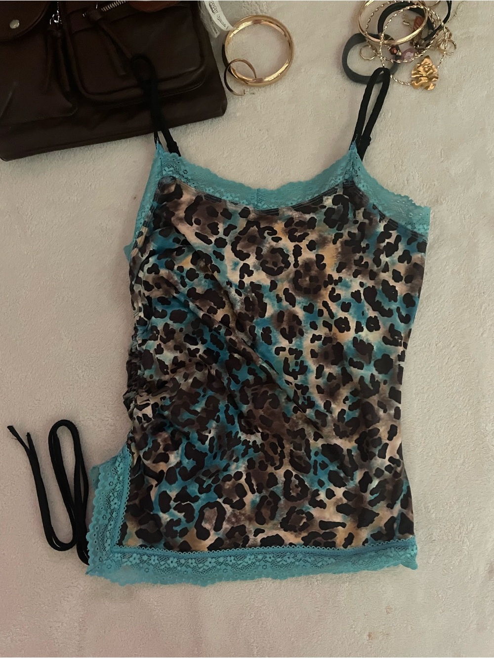 SHEIN Turquoise-Trim Leopard Print Lace Cami